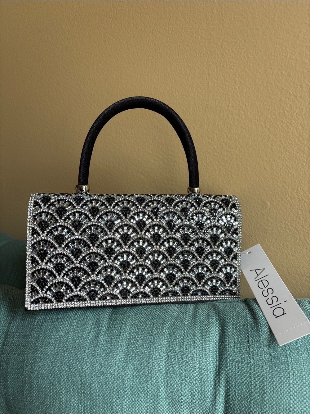 NWT ALESSIA BIANCHI Beaded Black Satin Purse,~8x6, Crossbody/Handle Clutch,Deco!